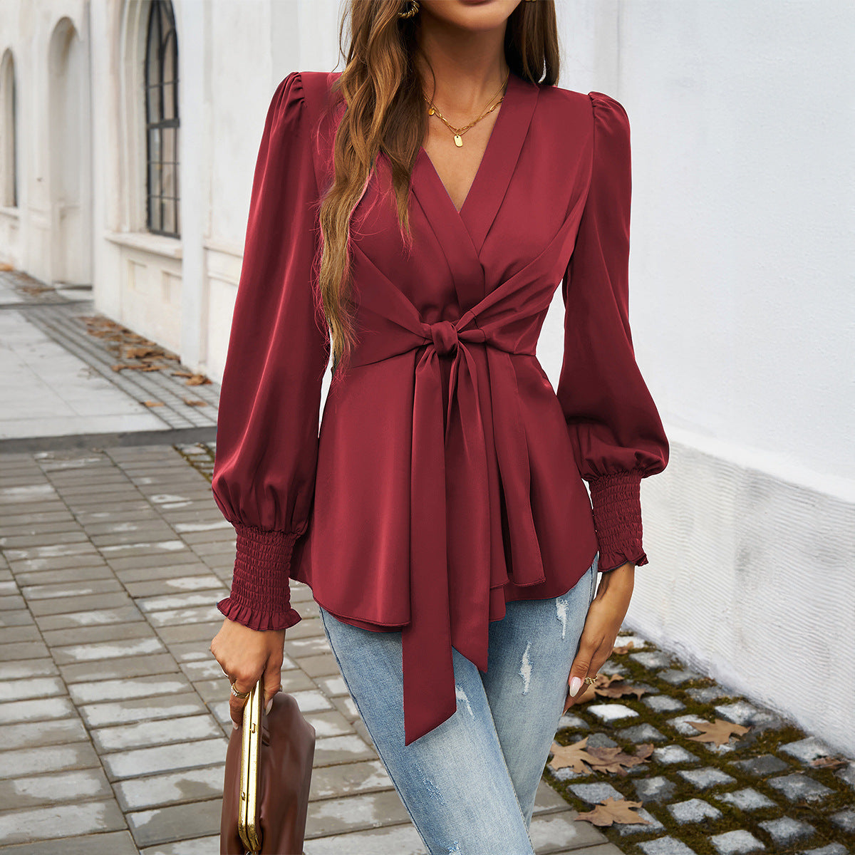 Damen Bluse – Elegante Bluse mit V-Ausschnitt & Taillengürtel