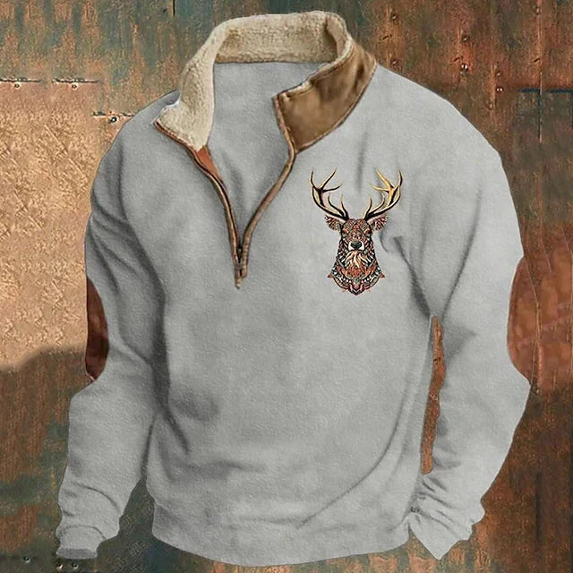 Herren Fleece Winterpullover mit Hirsch-Stickerei | Warme Polar-Sweatjacke mit Stehkragen & Reißverschluss