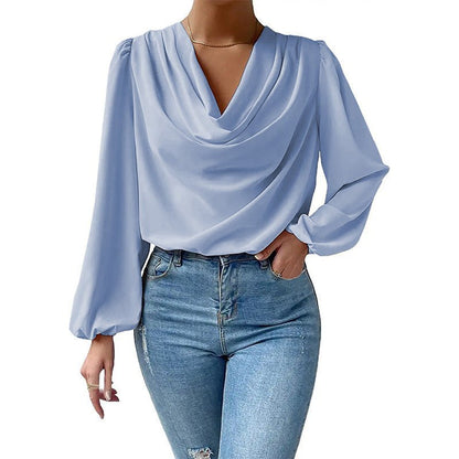 Sharine | Elegante Bluse mit Drapé-Ausschnitt & langen Bischofsärmeln