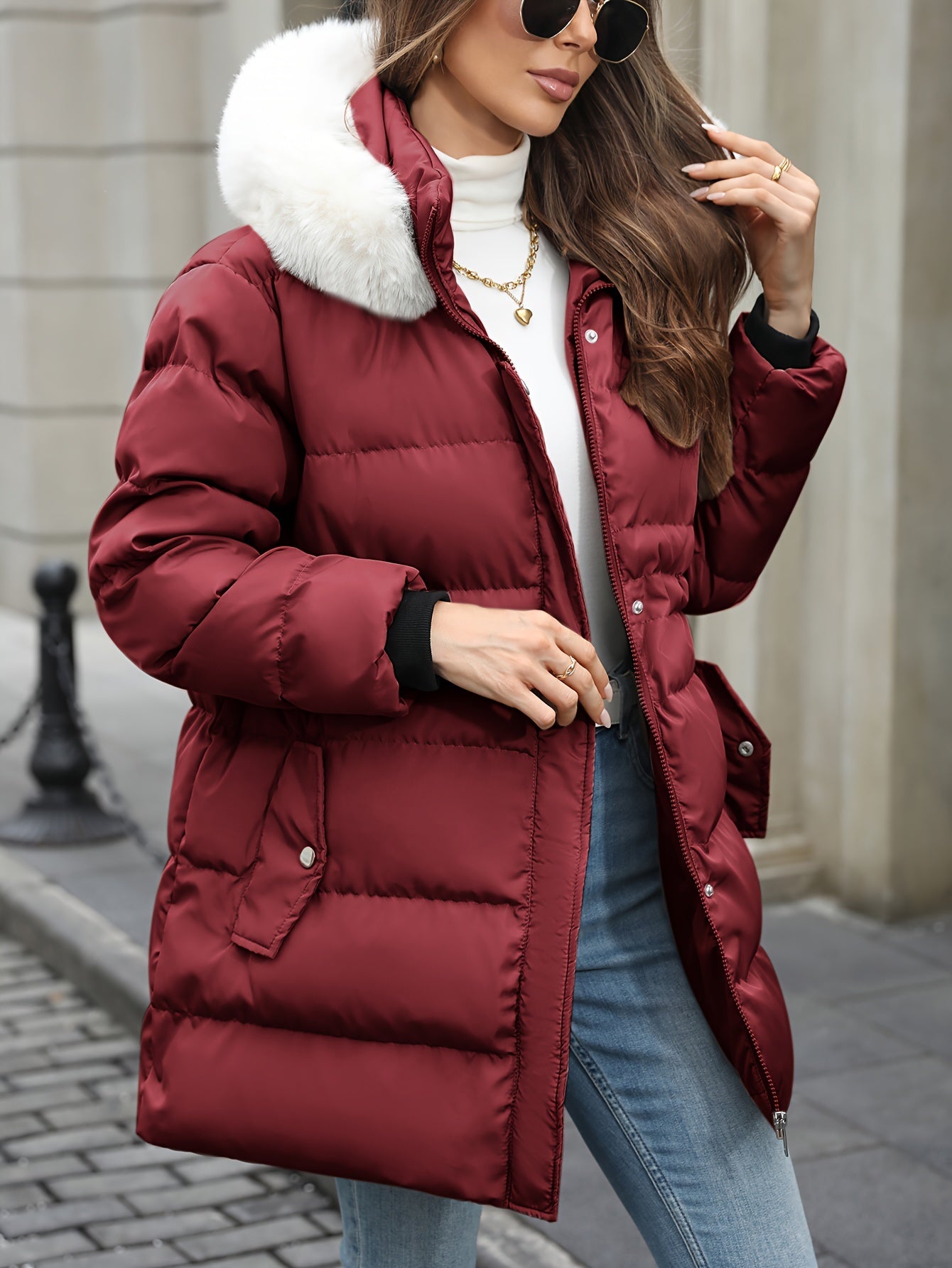 Herwina | Damen Daunenjacke mit Kapuze & Fellbesatz | Gefütterter Winterlook
