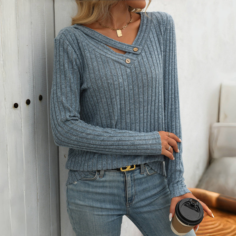 Elfrith | Damen Strickpullover mit V-Ausschnitt & Knopfleiste
