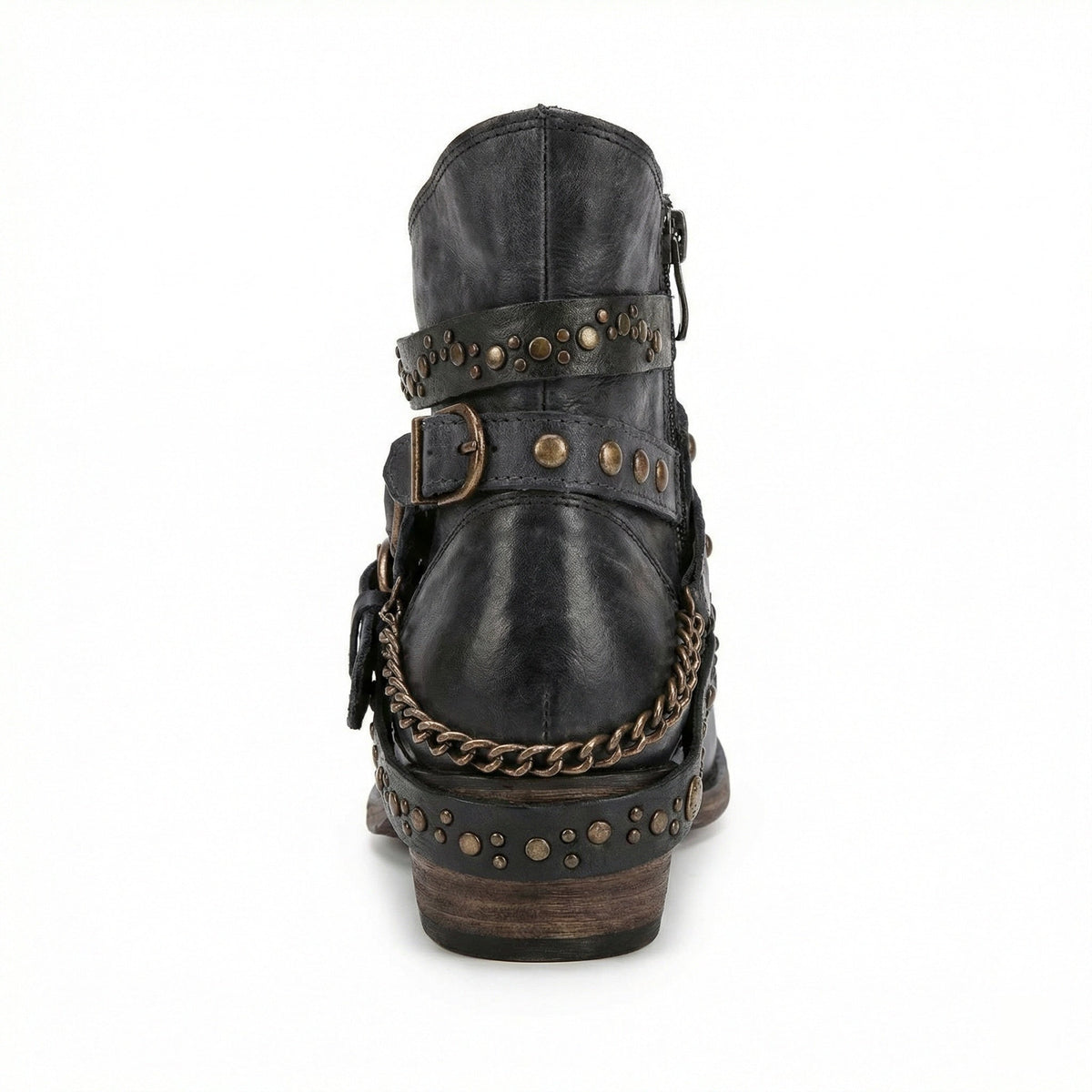 Damen Stiefeletten | Kurze Boots mit Ketten, Nieten und dekorativen Riemen