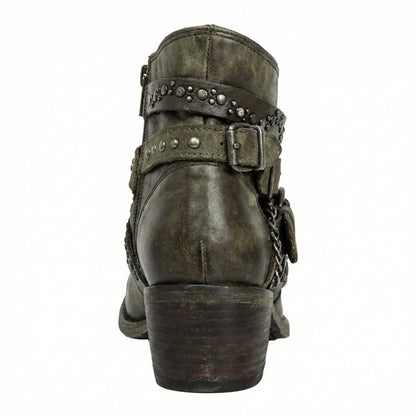 Damen Stiefeletten | Kurze Boots mit Ketten, Nieten und dekorativen Riemen