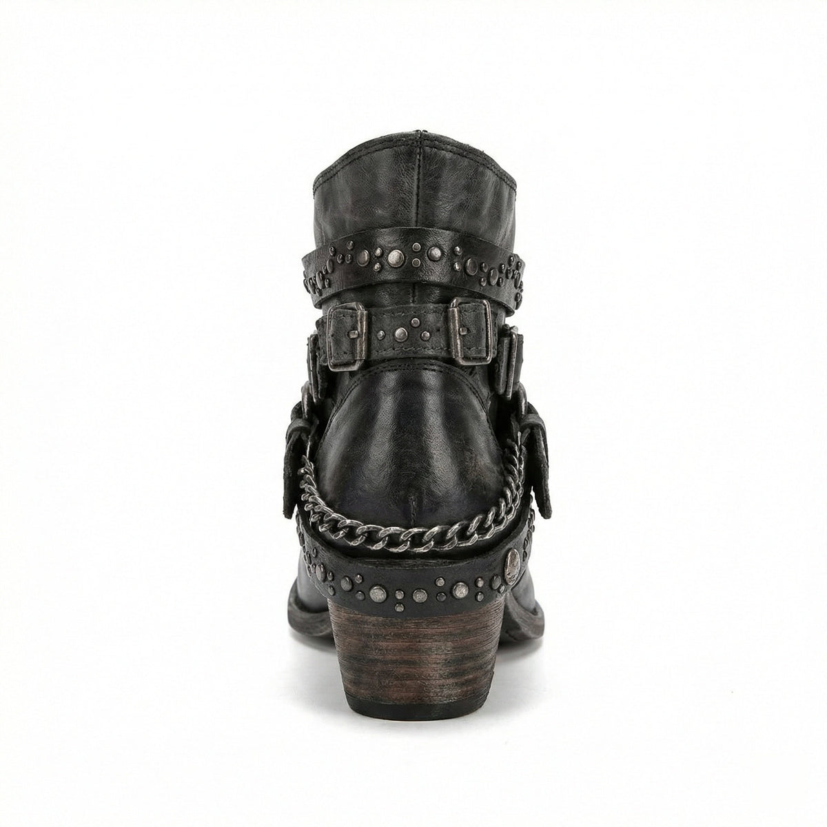 Damen Stiefeletten | Kurze Boots mit Ketten, Nieten und dekorativen Riemen