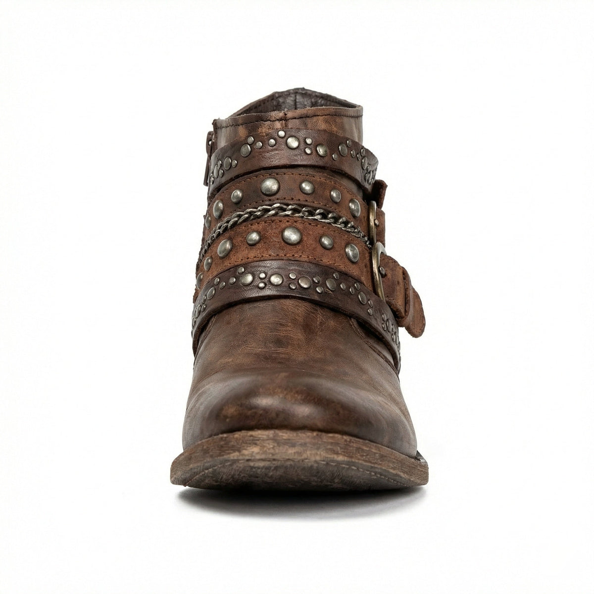 Damen Stiefeletten | Kurze Boots mit Ketten, Nieten und dekorativen Riemen