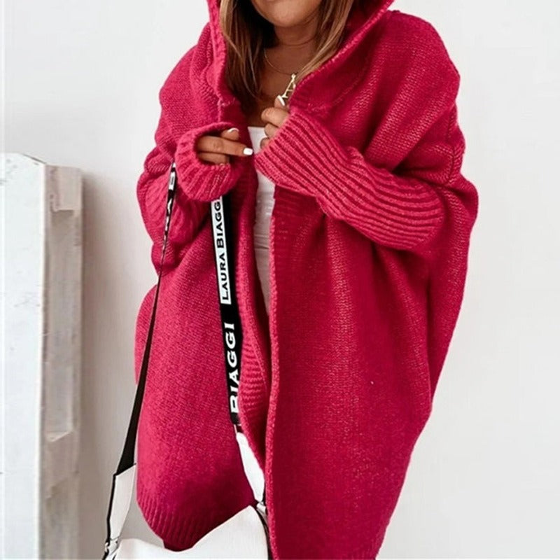 Lange Damen-Strickjacke mit Kapuze | Warmer, lässiger Stricklook für Alltag & Freizeit