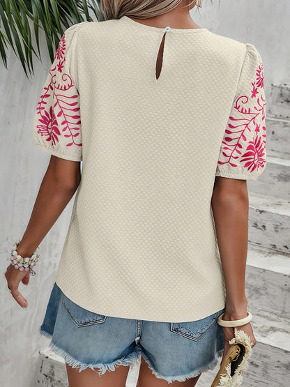 Laberta | Verspieltes Blusenshirt mit Puffärmeln & Floraler Stickerei an den Ärmeln – Sommerlich, Feminin & Luftig