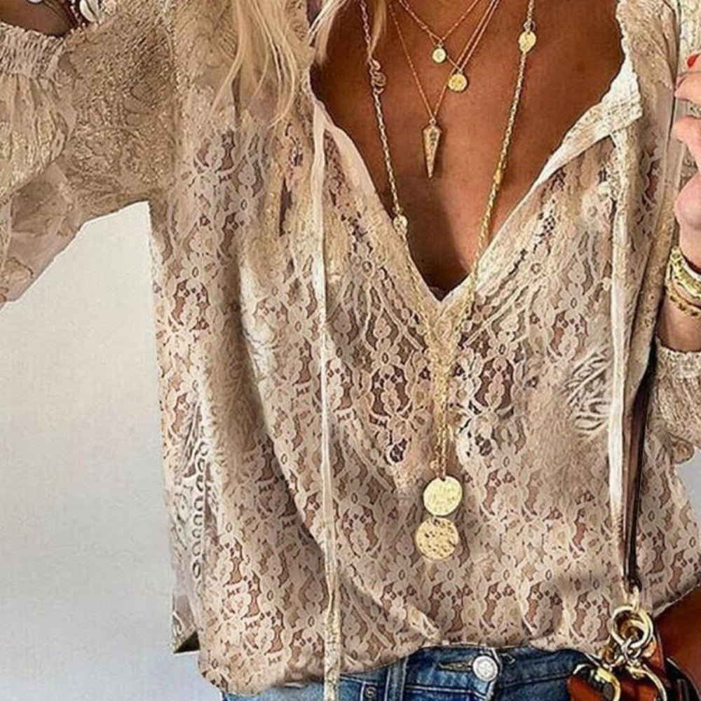 Damen Boho-Bluse mit Schlitz-Ausschnitt – Leichte Sommerbluse für Alltag und entspannte Outfits