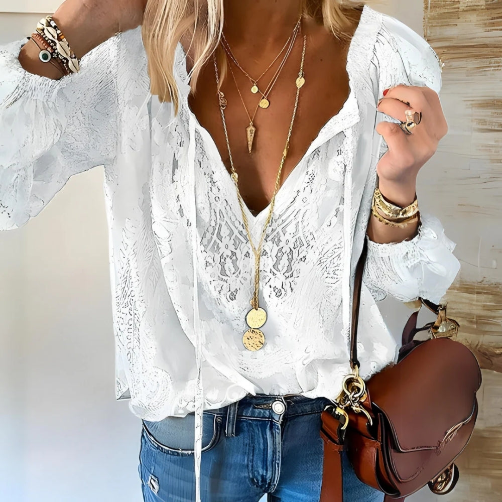 Damen Boho-Bluse mit Schlitz-Ausschnitt – Leichte Sommerbluse für Alltag und entspannte Outfits