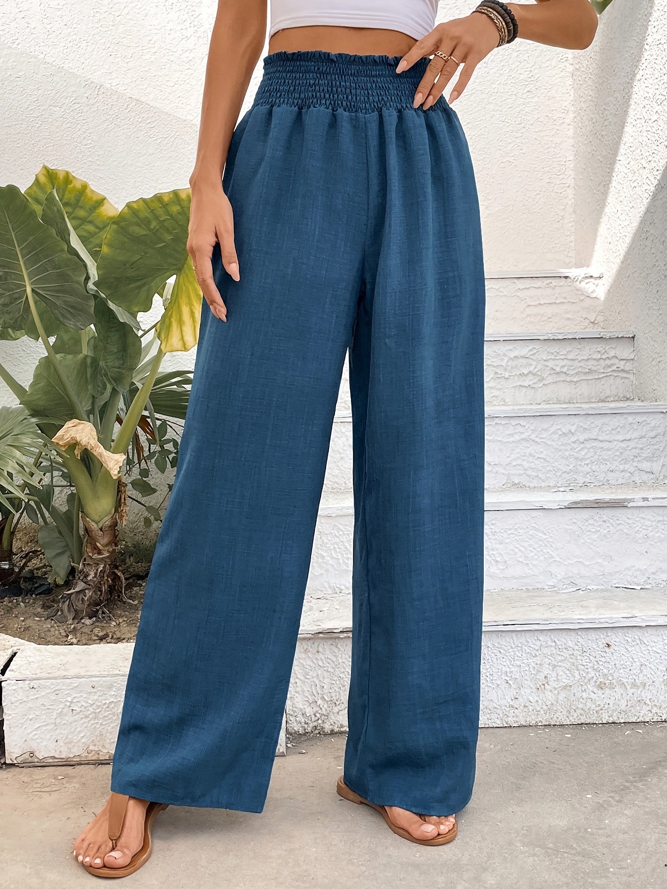 Araminda | Damen Leinenhose mit Hoher Taille, Elastischem Bund und Weitem Bein für Sommer