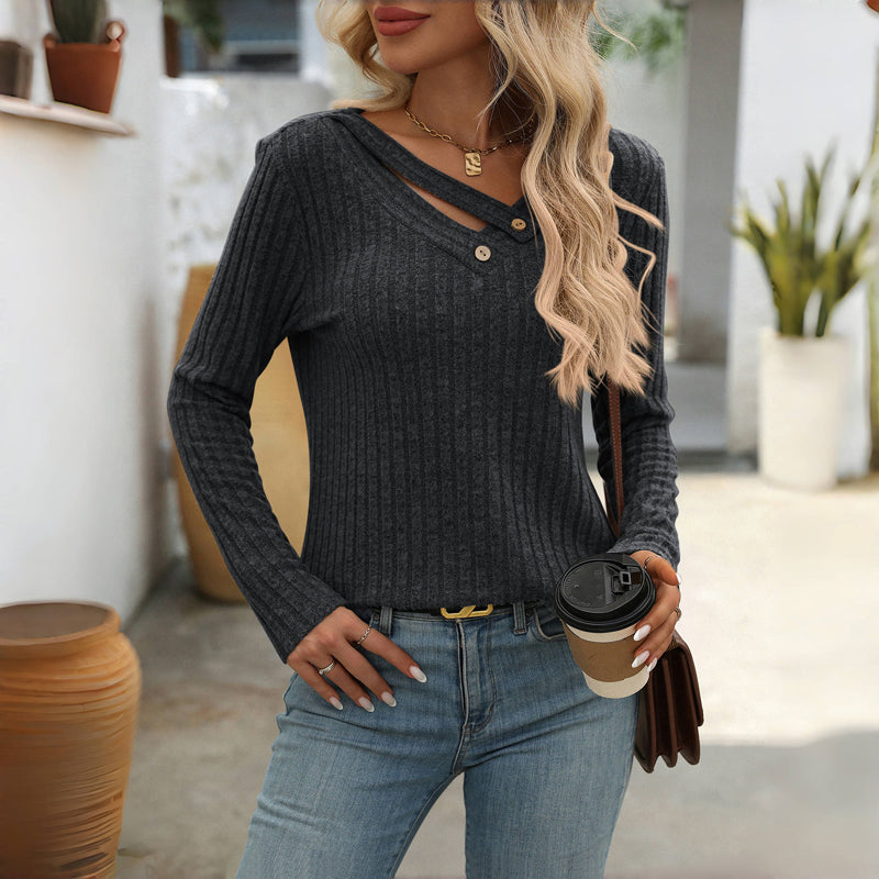 Elfrith | Damen Strickpullover mit V-Ausschnitt & Knopfleiste