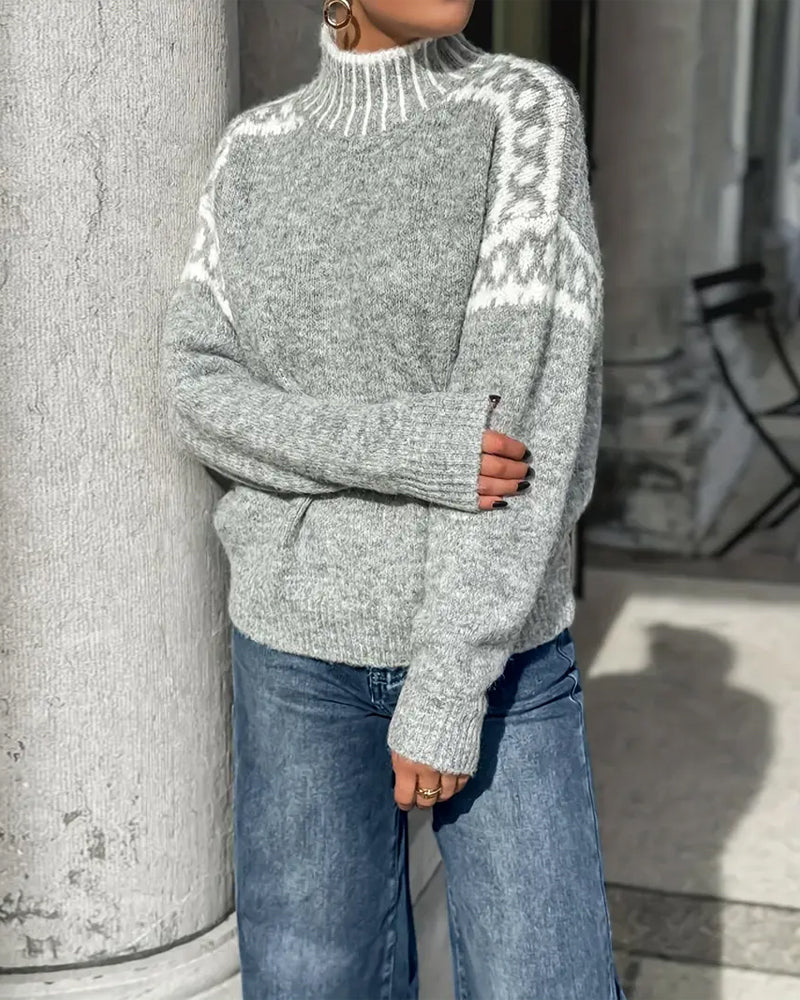 Gemusterter Damen Strickpullover mit Stehkragen | Warm & Stylisch