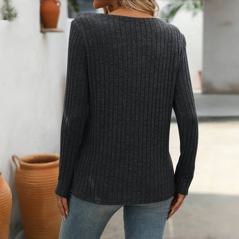 Elfrith | Damen Strickpullover mit V-Ausschnitt & Knopfleiste