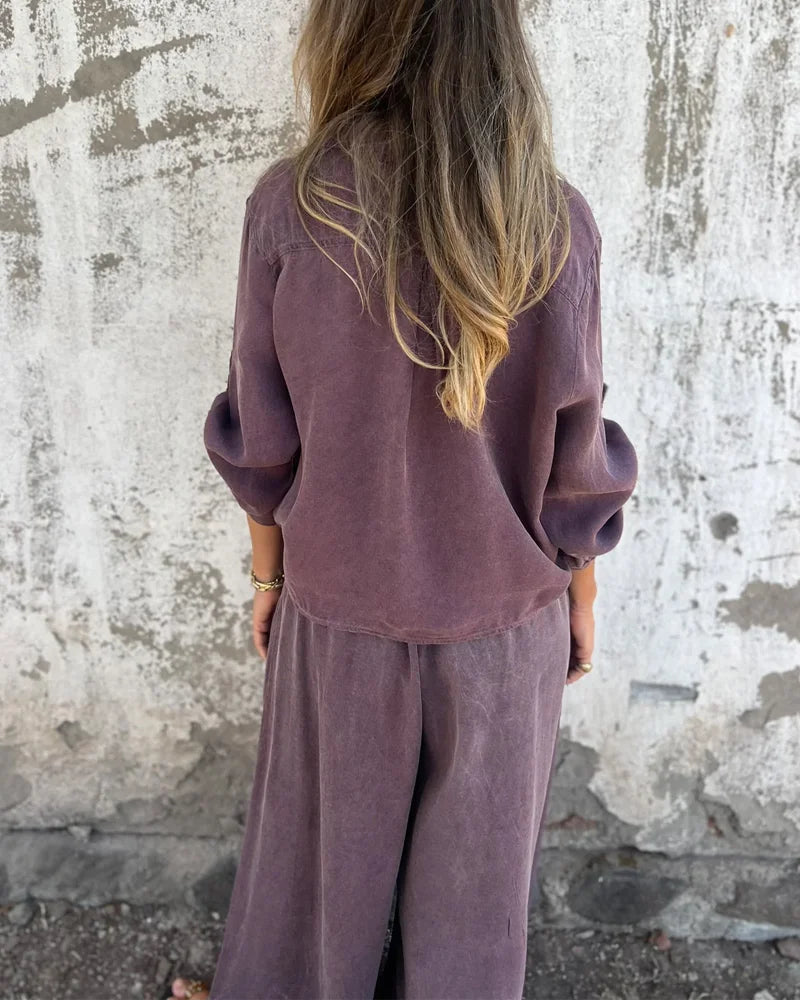 Betany | Damen Zweiteiler in Uni-Farbe mit weiter Hose und lockerer Bluse