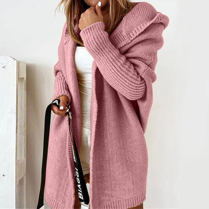 Lange Damen-Strickjacke mit Kapuze | Warmer, lässiger Stricklook für Alltag & Freizeit