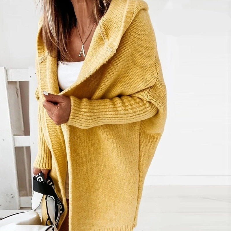 Lange Damen-Strickjacke mit Kapuze | Warmer, lässiger Stricklook für Alltag & Freizeit
