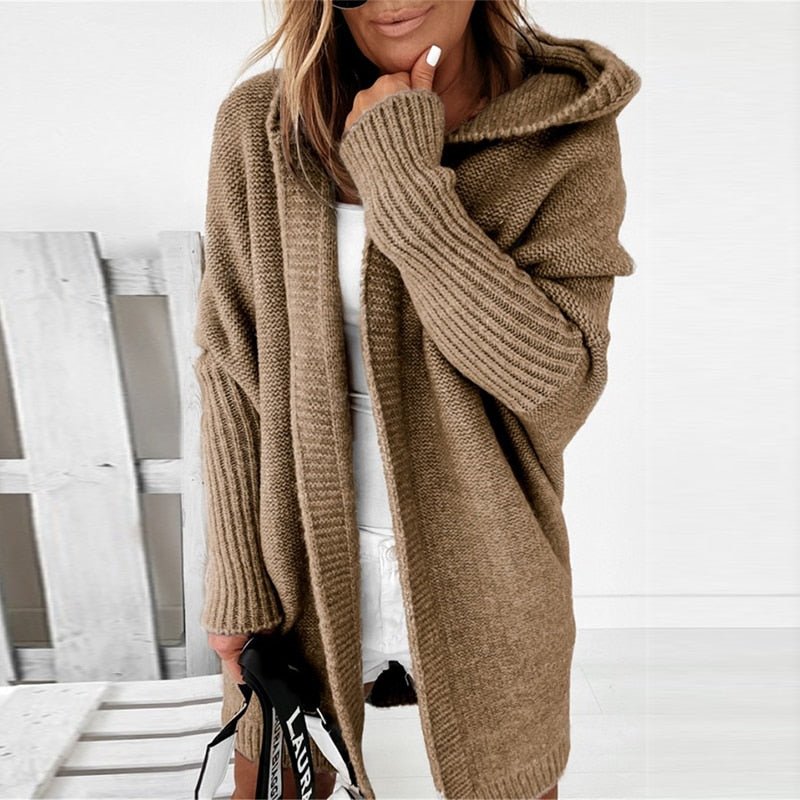 Lange Damen-Strickjacke mit Kapuze | Warmer, lässiger Stricklook für Alltag & Freizeit