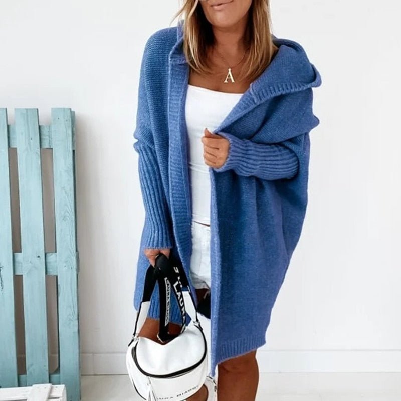 Lange Damen-Strickjacke mit Kapuze | Warmer, lässiger Stricklook für Alltag & Freizeit