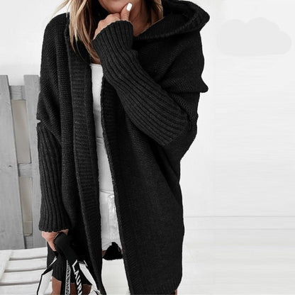 Lange Damen-Strickjacke mit Kapuze | Warmer, lässiger Stricklook für Alltag & Freizeit