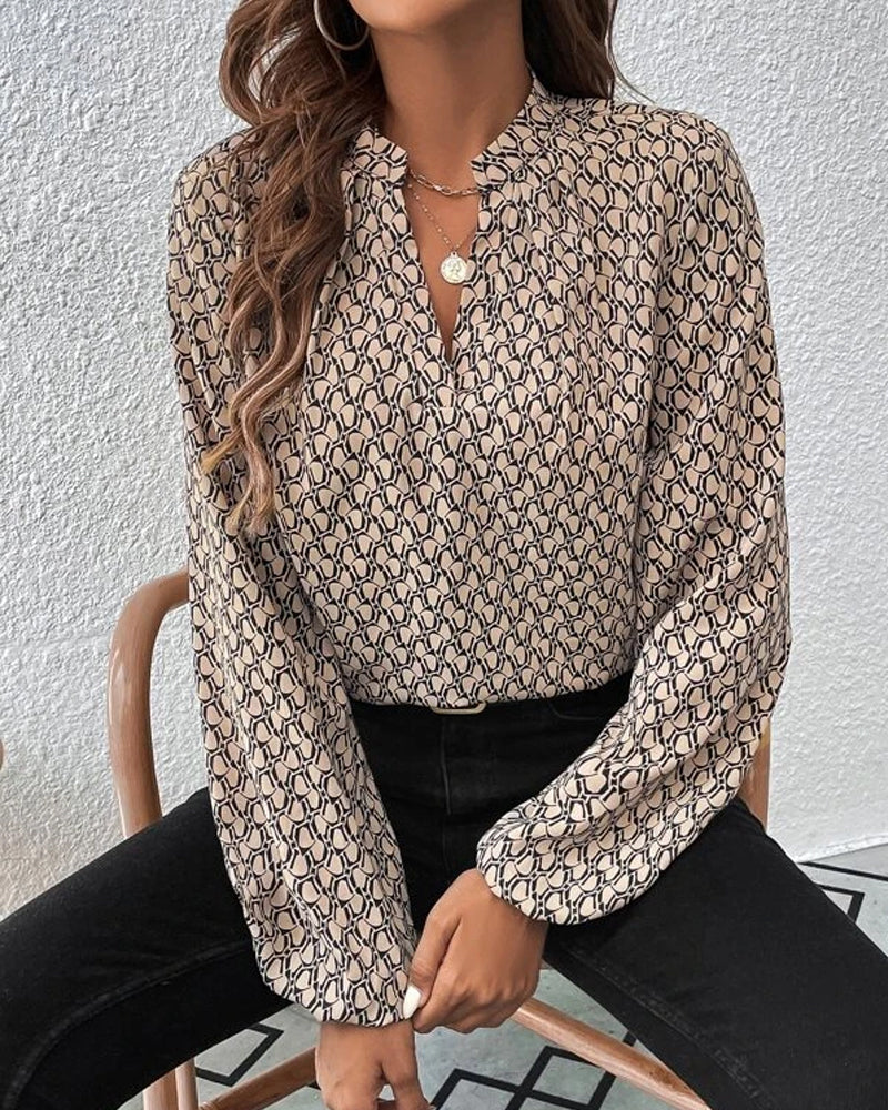 Aeliana | Damen Bluse mit V-Ausschnitt & Stilvollem Print – Langarm, Elegant & Büro-tauglich