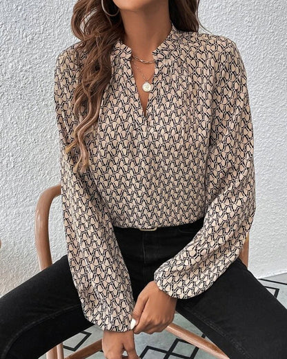 Aeliana | Damen Bluse mit V-Ausschnitt & Stilvollem Print – Langarm, Elegant & Büro-tauglich