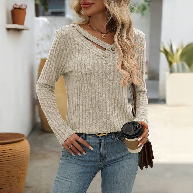 Elfrith | Damen Strickpullover mit V-Ausschnitt & Knopfleiste