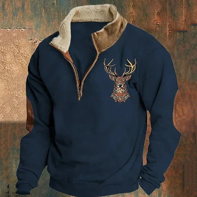 Herren Fleece Winterpullover mit Hirsch-Stickerei | Warme Polar-Sweatjacke mit Stehkragen & Reißverschluss