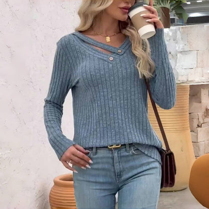 Elfrith | Damen Strickpullover mit V-Ausschnitt & Knopfleiste