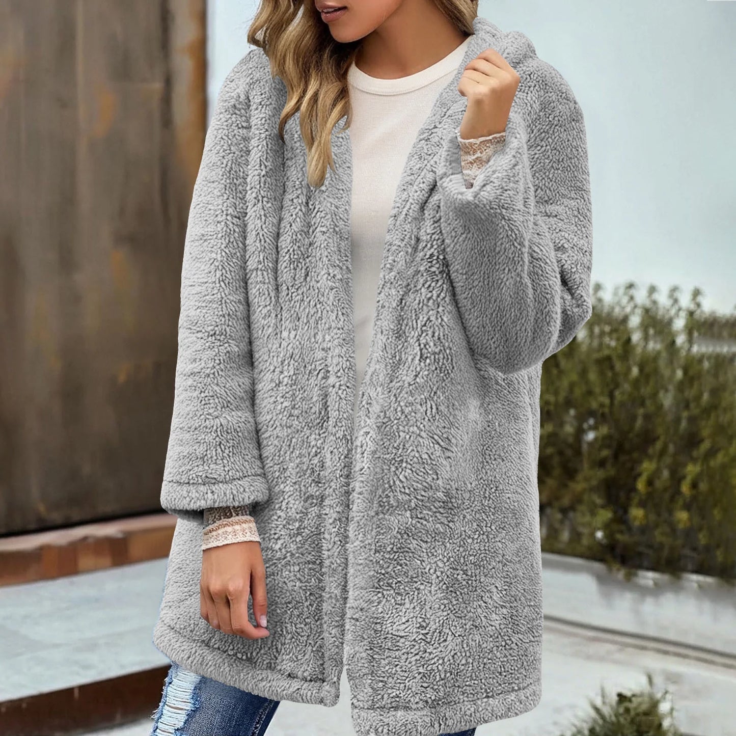 Adina | Damen Teddyjacke mit Kapuze & lockerer Passform