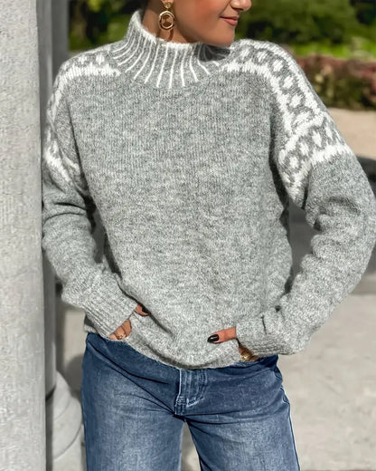 Gemusterter Damen Strickpullover mit Stehkragen | Warm & Stylisch