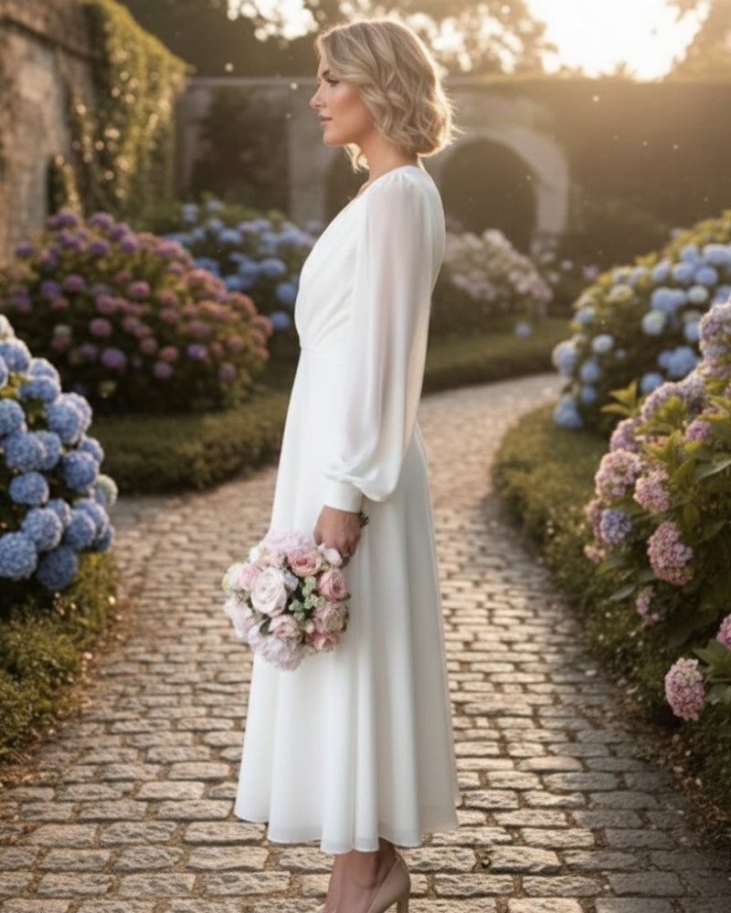 Damen Midi-Abendkleid mit V-Ausschnitt und langen Ärmeln – Elegantes Kleid für Hochzeiten und festliche Anlässe