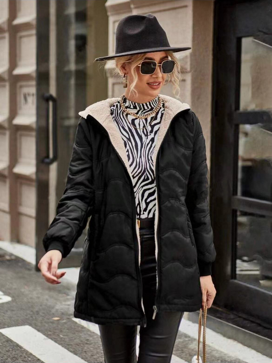 Leolia | Damen Trenchcoat Schwarz Slim Fit mit Kapuze, wattiert & Fleece gefüttert, Rippbündchen