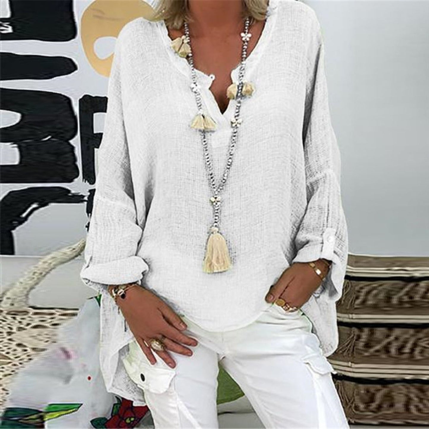 Velani | Luftige Damen Leinenbluse mit Langarm und Lockerem Schnitt – Ideal für Frühling & Sommer