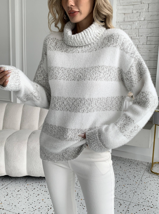 Elowen | Damen Strickpullover mit Rollkragen, zweifarbig gestreift & bequemer Loose Fit