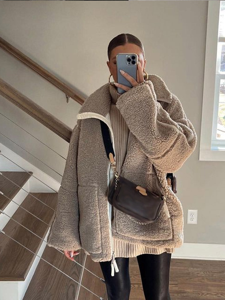 Daralis | Damen Teddyjacke mit Reißverschluss & Stehkragen in Oversize