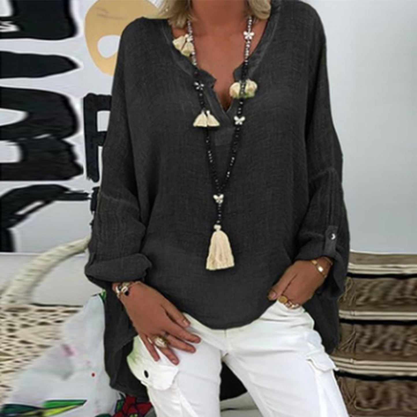 Velani | Luftige Damen Leinenbluse mit Langarm und Lockerem Schnitt – Ideal für Frühling & Sommer