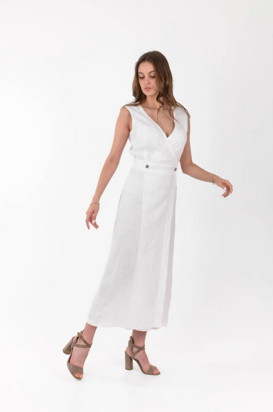 Ärmelloses Wickelkleid aus Leinen in Weiß