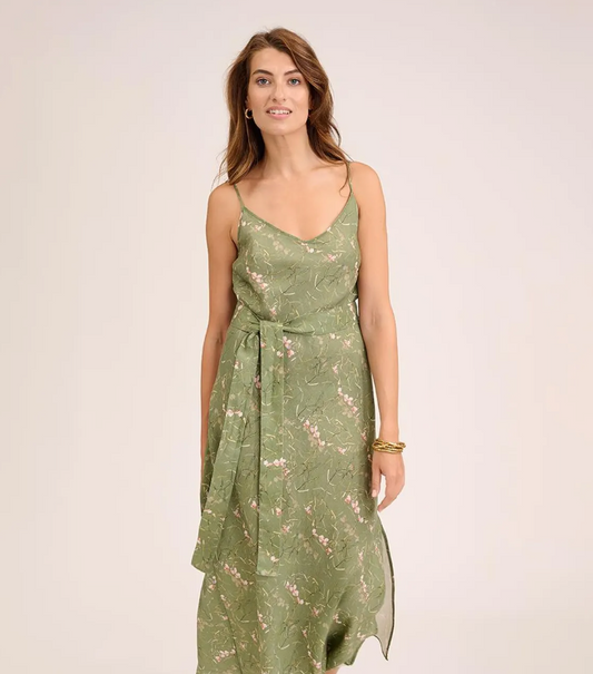Grünes Leinenkleid mit Blumendruck