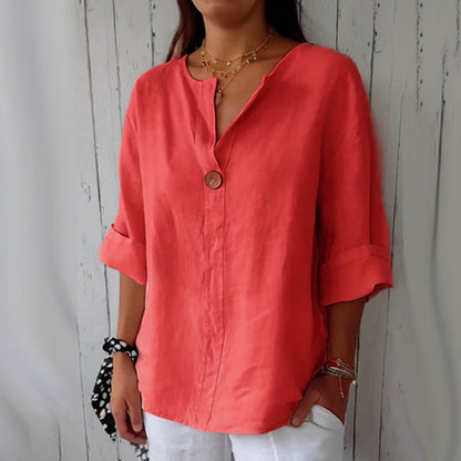 Damen V-Ausschnitt T-Shirt mit Knöpfen – Lockeres Baumwollshirt für Alltag und Freizeit