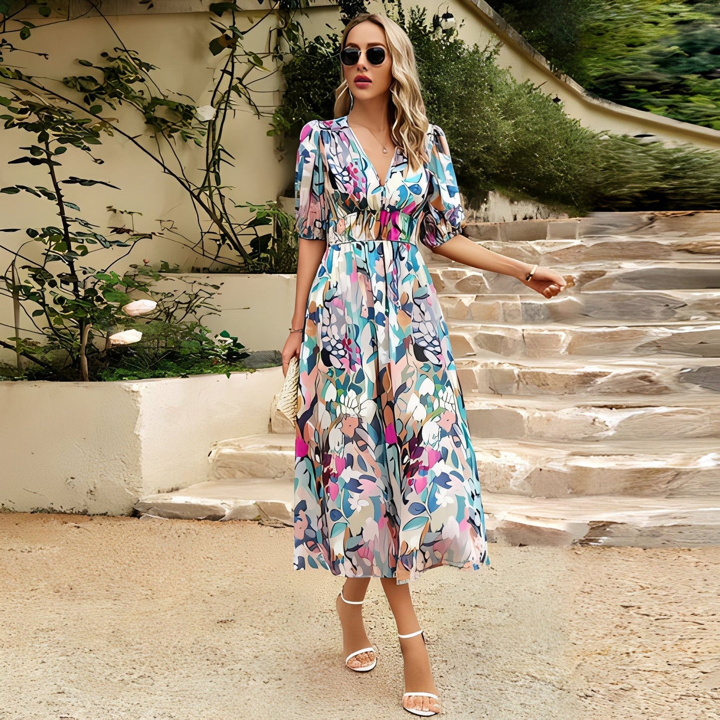 Damen Sommerkleid mit V-Ausschnitt – Leichtes Freizeitkleid für warme Tage, Ausflüge und sommerliche Anlässe