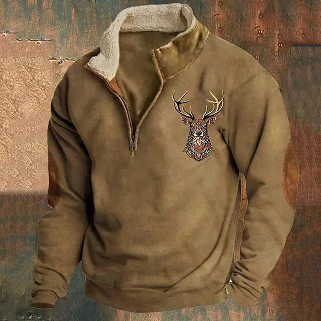 Herren Fleece Winterpullover mit Hirsch-Stickerei | Warme Polar-Sweatjacke mit Stehkragen & Reißverschluss