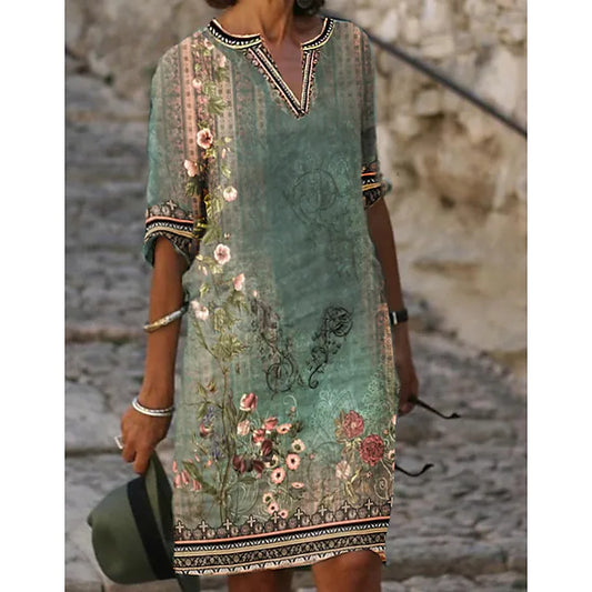 Luftiges Tunika-Kleid mit dekorativem V-Ausschnitt – Künstlerisch, Leicht & Sommerlich