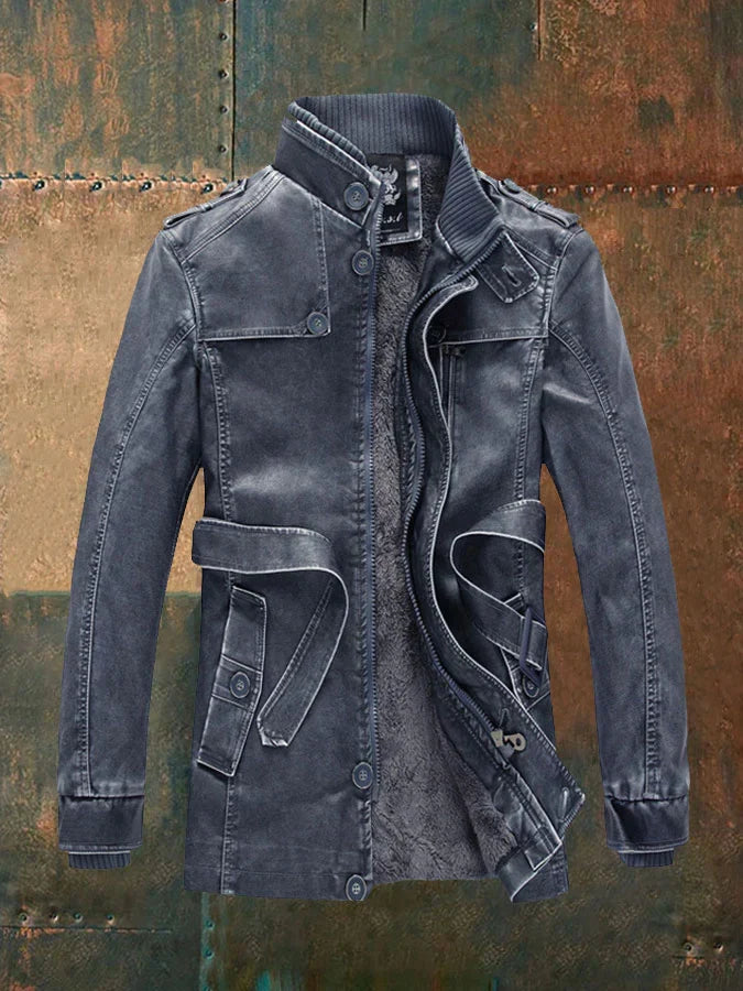 Neil | Herren Lederlook Mantel Lang im Vintage Stil mit Taillengürtel, Warmem Fleece-Futter & Klassischen Knöpfen