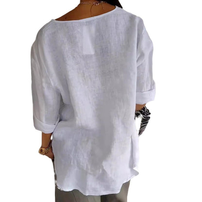 Damen V-Ausschnitt T-Shirt mit Knöpfen – Lockeres Baumwollshirt für Alltag und Freizeit