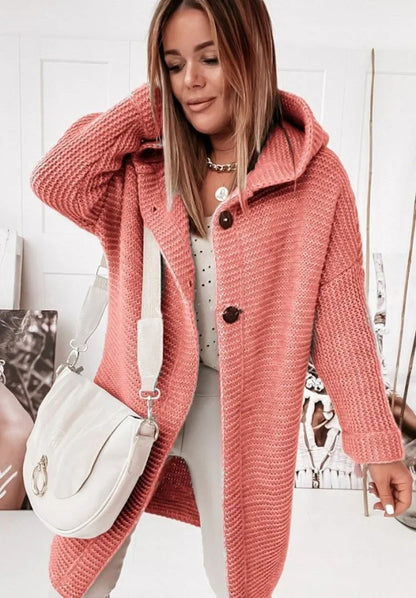 Lange Strickjacke Damen mit Kapuze & Knopfleiste | Warmer Stricklook für Alltag & Freizeit