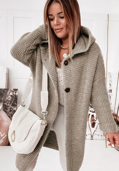 Lange Strickjacke Damen mit Kapuze & Knopfleiste | Warmer Stricklook für Alltag & Freizeit