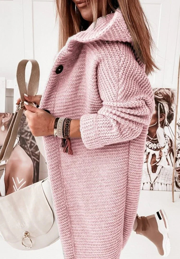 Lange Strickjacke Damen mit Kapuze & Knopfleiste | Warmer Stricklook für Alltag & Freizeit