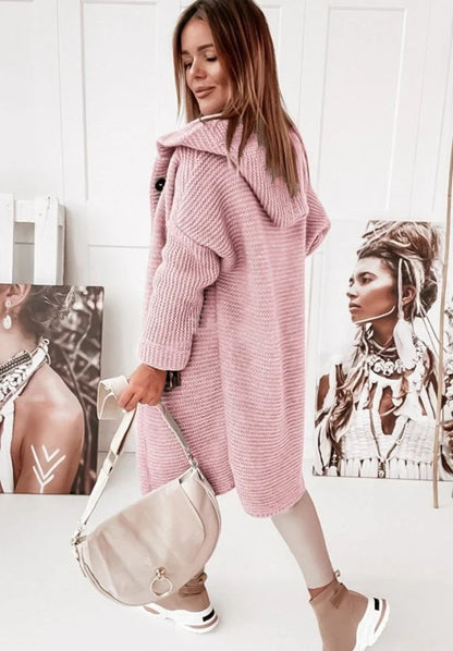 Lange Strickjacke Damen mit Kapuze & Knopfleiste | Warmer Stricklook für Alltag & Freizeit