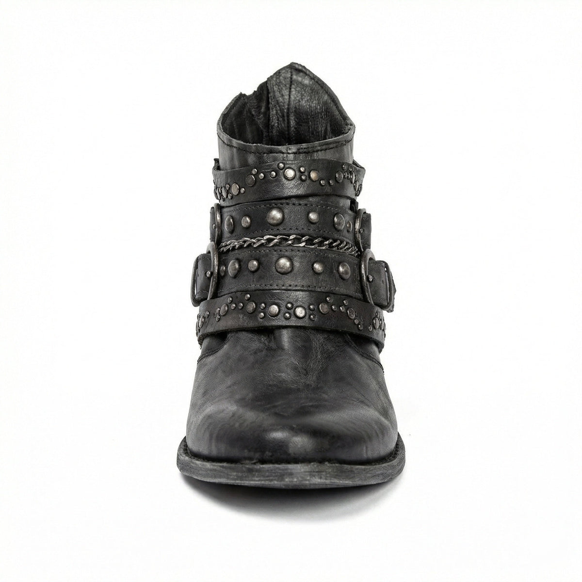 Damen Stiefeletten | Kurze Boots mit Ketten, Nieten und dekorativen Riemen