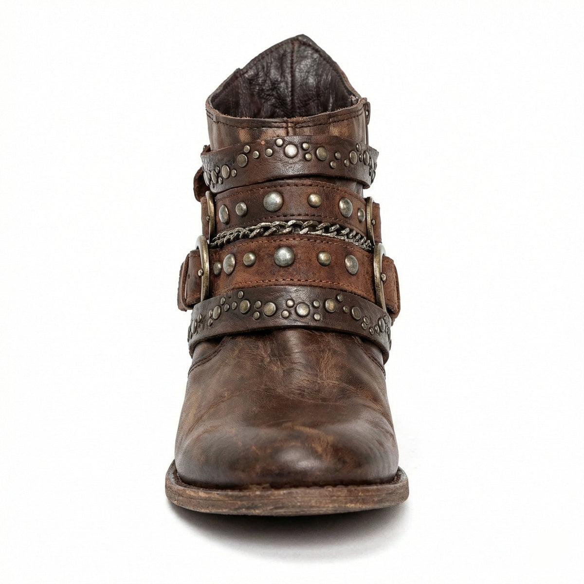 Damen Stiefeletten | Kurze Boots mit Ketten, Nieten und dekorativen Riemen